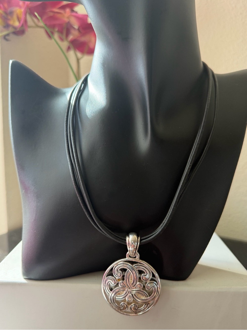 Napier Silver-Tone Filigree Pendant on Black Cord